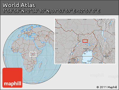Gray Location Map of the Area around 2° 16' 34" N, 32° 22' 30" E, hill shading