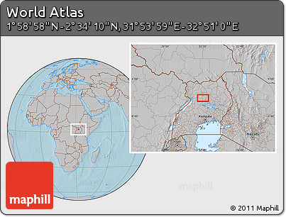 Gray Location Map of the Area around 2° 16' 34" N, 32° 22' 30" E, hill shading