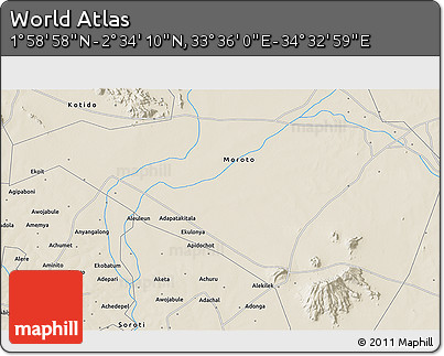 Shaded Relief 3D Map of the Area around 2° 16' 34" N, 34° 4' 30" E
