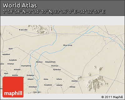 Shaded Relief 3D Map of the Area around 2° 16' 34" N, 34° 4' 30" E
