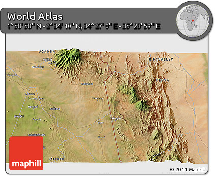 Satellite 3D Map of the Area around 2° 16' 34" N, 34° 55' 29" E