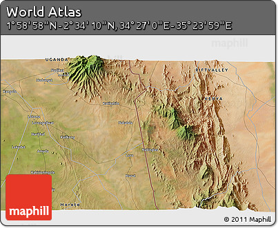 Satellite 3D Map of the Area around 2° 16' 34" N, 34° 55' 29" E