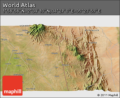 Satellite 3D Map of the Area around 2° 16' 34" N, 34° 55' 29" E