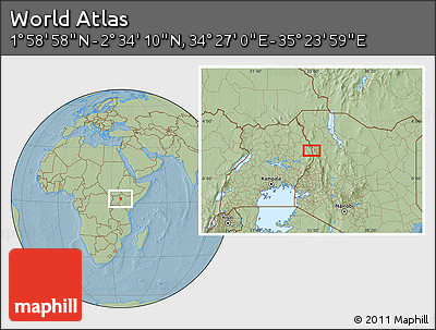 Savanna Style Location Map of the Area around 2° 16' 34" N, 34° 55' 29" E, hill shading