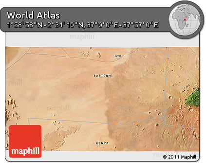 Satellite 3D Map of the Area around 2° 16' 34" N, 37° 28' 30" E