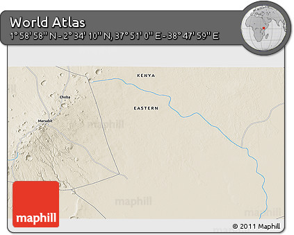 Shaded Relief 3D Map of the Area around 2° 16' 34" N, 38° 19' 30" E
