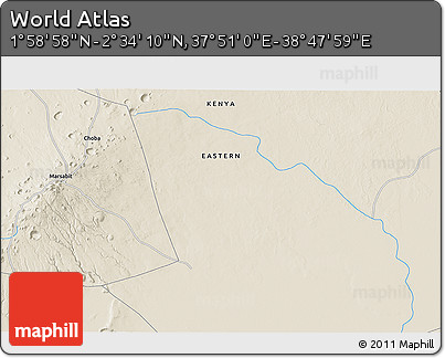 Shaded Relief 3D Map of the Area around 2° 16' 34" N, 38° 19' 30" E
