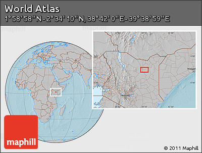 Gray Location Map of the Area around 2° 16' 34" N, 39° 10' 29" E, hill shading