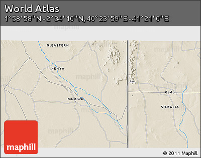 Shaded Relief 3D Map of the Area around 2° 16' 34" N, 40° 52' 30" E