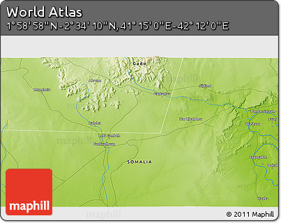 Physical 3D Map of the Area around 2° 16' 34" N, 41° 43' 30" E