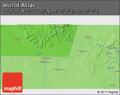 Political 3D Map of the Area around 2° 16' 34" N, 41° 43' 30" E