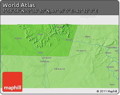 Political 3D Map of the Area around 2° 16' 34" N, 41° 43' 30" E