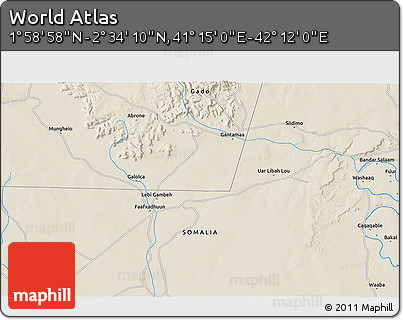 Shaded Relief 3D Map of the Area around 2° 16' 34" N, 41° 43' 30" E