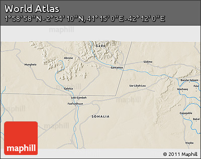 Shaded Relief 3D Map of the Area around 2° 16' 34" N, 41° 43' 30" E