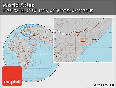 Gray Location Map of the Area around 2° 16' 34" N, 42° 34' 30" E