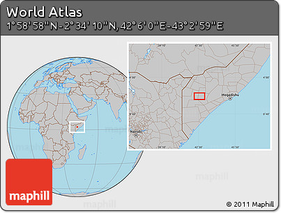 Gray Location Map of the Area around 2° 16' 34" N, 42° 34' 30" E