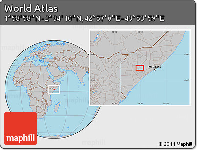 Gray Location Map of the Area around 2° 16' 34" N, 43° 25' 29" E