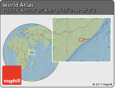 Savanna Style Location Map of the Area around 2° 16' 34" N, 44° 16' 29" E, hill shading