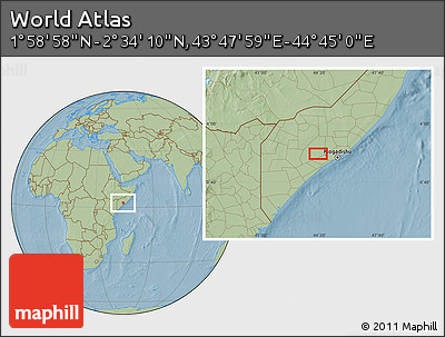 Savanna Style Location Map of the Area around 2° 16' 34" N, 44° 16' 29" E, hill shading