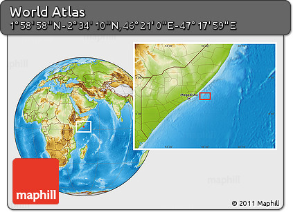 Physical Location Map of the Area around 2° 16' 34" N, 46° 49' 30" E