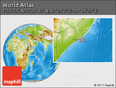 Physical Location Map of the Area around 2° 16' 34" N, 46° 49' 30" E