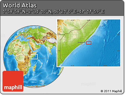 Physical Location Map of the Area around 2° 16' 34" N, 46° 49' 30" E