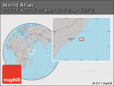 Gray Location Map of the Area around 2° 16' 34" N, 47° 40' 29" E