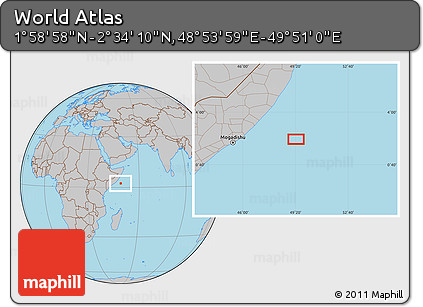 Gray Location Map of the Area around 2° 16' 34" N, 49° 22' 30" E