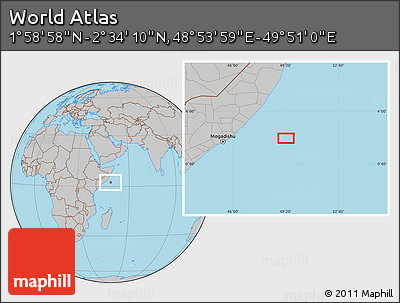 Gray Location Map of the Area around 2° 16' 34" N, 49° 22' 30" E