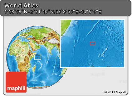 Physical Location Map of the Area around 2° 16' 34" N, 53° 37' 30" E