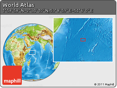 Physical Location Map of the Area around 2° 16' 34" N, 53° 37' 30" E