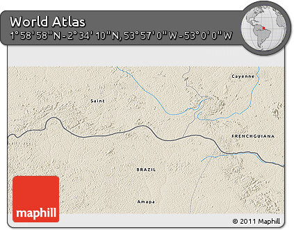 Shaded Relief 3D Map of the Area around 2° 16' 34" N, 53° 28' 30" W