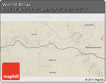 Shaded Relief 3D Map of the Area around 2° 16' 34" N, 53° 28' 30" W