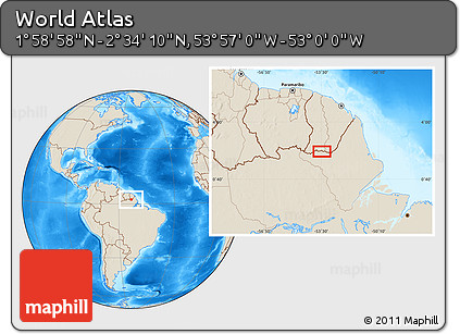 Shaded Relief Location Map of the Area around 2° 16' 34" N, 53° 28' 30" W