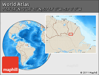 Shaded Relief Location Map of the Area around 2° 16' 34" N, 53° 28' 30" W