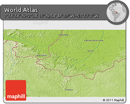 Physical 3D Map of the Area around 2° 16' 34" N, 54° 19' 30" W