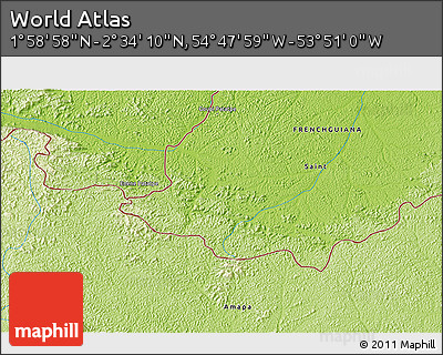 Physical 3D Map of the Area around 2° 16' 34" N, 54° 19' 30" W