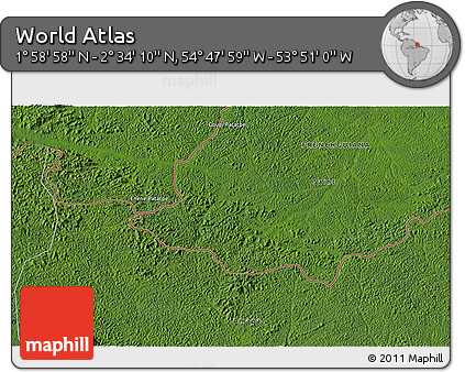 Satellite 3D Map of the Area around 2° 16' 34" N, 54° 19' 30" W