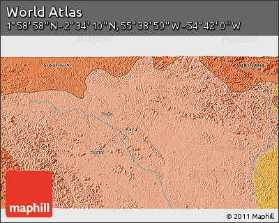 Political 3D Map of the Area around 2° 16' 34" N, 55° 10' 29" W