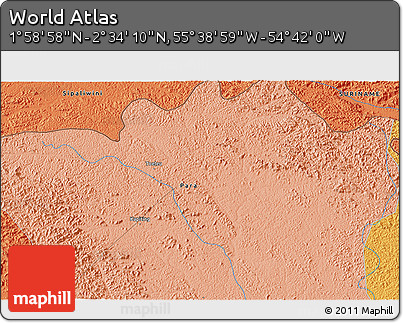 Political 3D Map of the Area around 2° 16' 34" N, 55° 10' 29" W