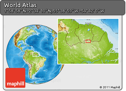Physical Location Map of the Area around 2° 16' 34" N, 55° 10' 29" W