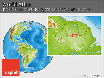 Physical Location Map of the Area around 2° 16' 34" N, 55° 10' 29" W
