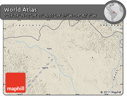 Shaded Relief Map of the Area around 2° 16' 34" N, 55° 10' 29" W