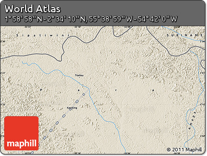 Shaded Relief Map of the Area around 2° 16' 34" N, 55° 10' 29" W