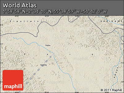 Shaded Relief Map of the Area around 2° 16' 34" N, 55° 10' 29" W