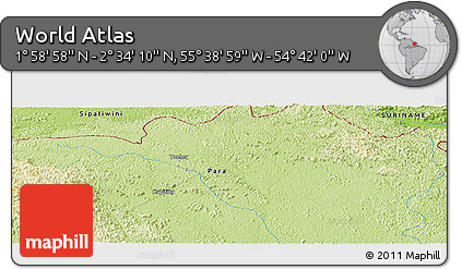Physical Panoramic Map of the Area around 2° 16' 34" N, 55° 10' 29" W