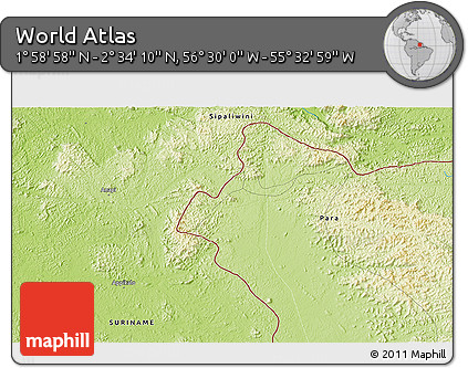 Physical 3D Map of the Area around 2° 16' 34" N, 56° 1' 29" W