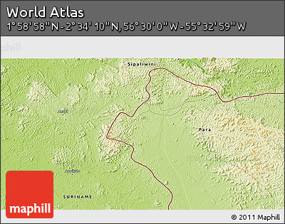 Physical 3D Map of the Area around 2° 16' 34" N, 56° 1' 29" W