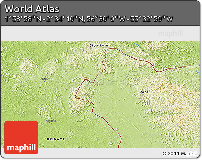 Physical 3D Map of the Area around 2° 16' 34" N, 56° 1' 29" W