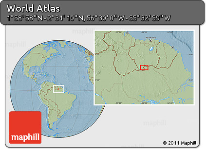 Savanna Style Location Map of the Area around 2° 16' 34" N, 56° 1' 29" W, hill shading